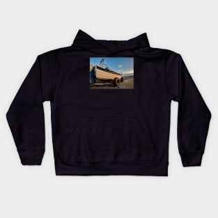 Fisheye view of crab fishing boat on Cromer beach Kids Hoodie